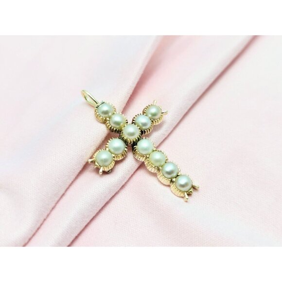 Vintage 14K Solid Yellow Gold Religious Pearl Cross Charm Pendant Brooch Pin
